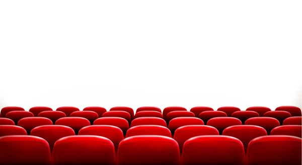 Ряды красных кино или театр сидений перед пустой белый экран — стоковый вектор