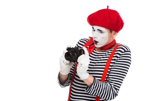 Шокирован Mime Принимая Фото Пленочной Камеры Изолированные Белом Фоне — стоковое фото