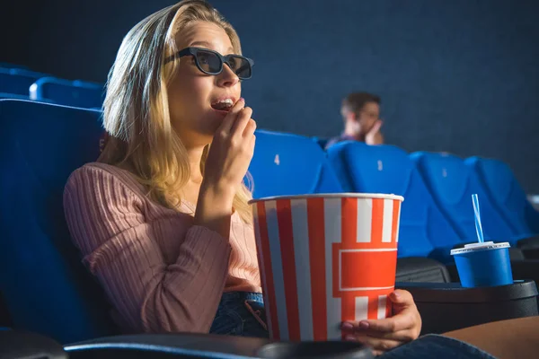 Side View Young Woman Glasses Popcorn Watching Film Alone Cinema — стоковое фото